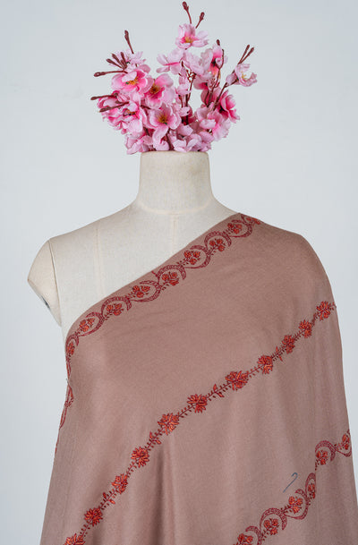 Rosy Drift Sozni Hand Embroidered Merino Wool Shawl