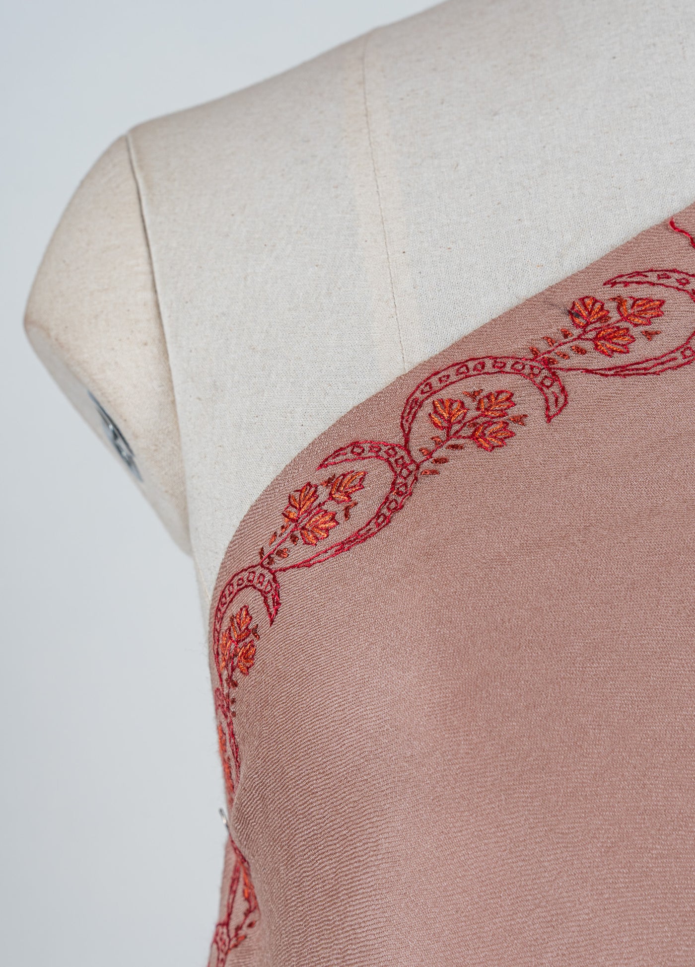 Rosy Drift Sozni Hand Embroidered Merino Wool Shawl