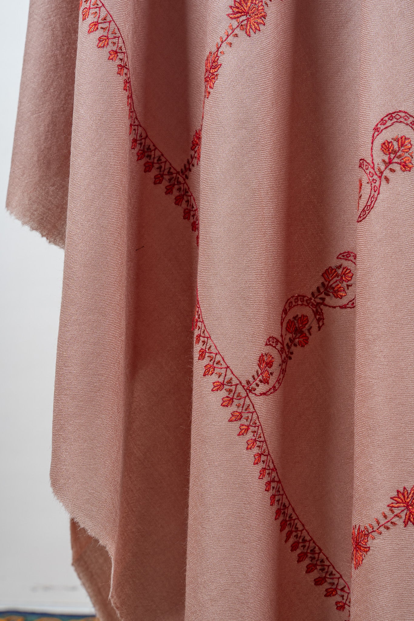 Rosy Drift Sozni Hand Embroidered Merino Wool Shawl
