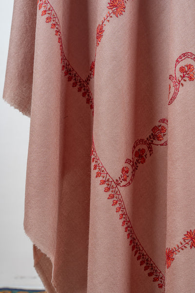 Rosy Drift Sozni Hand Embroidered Merino Wool Shawl