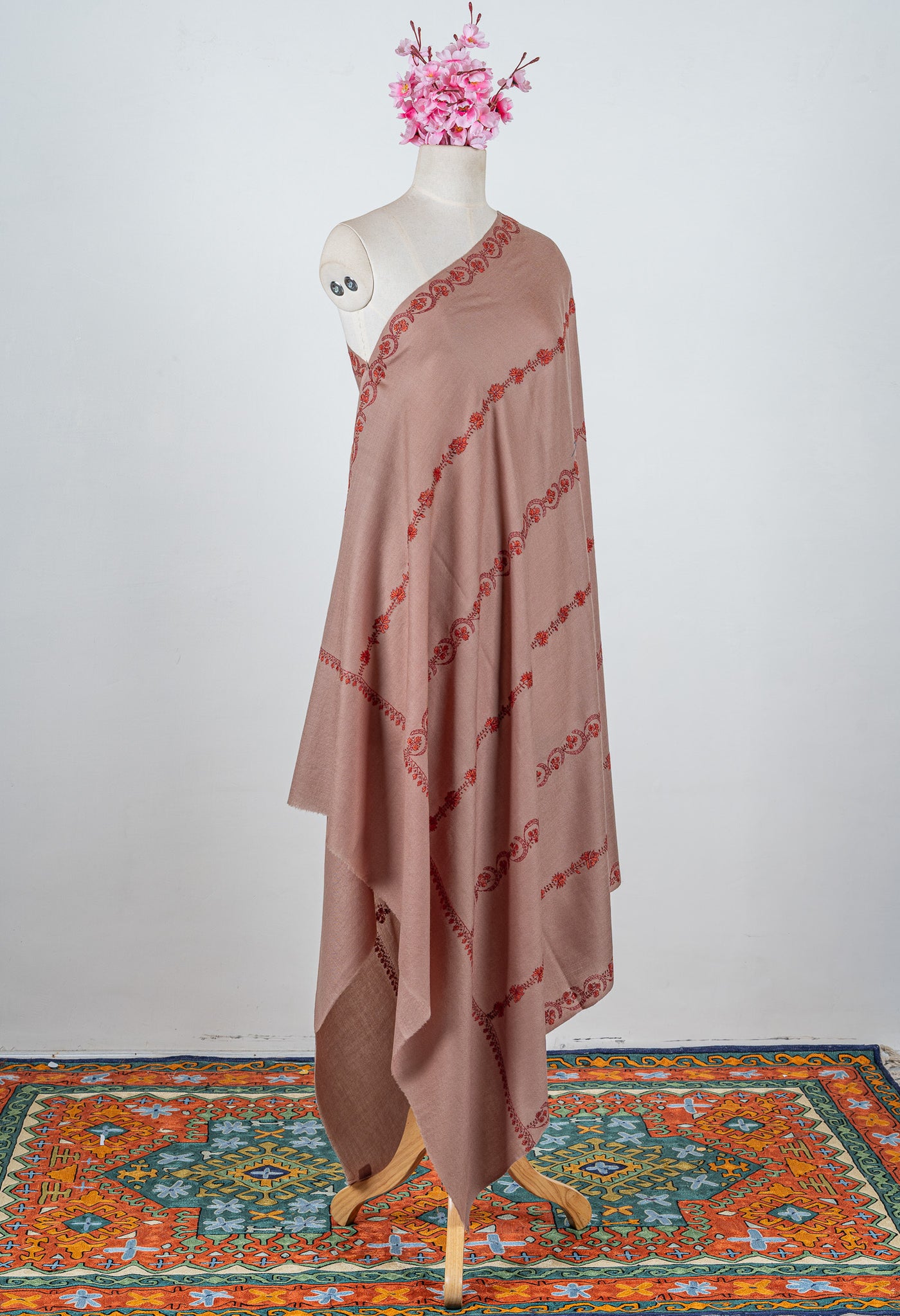 Rosy Drift Sozni Hand Embroidered Merino Wool Shawl