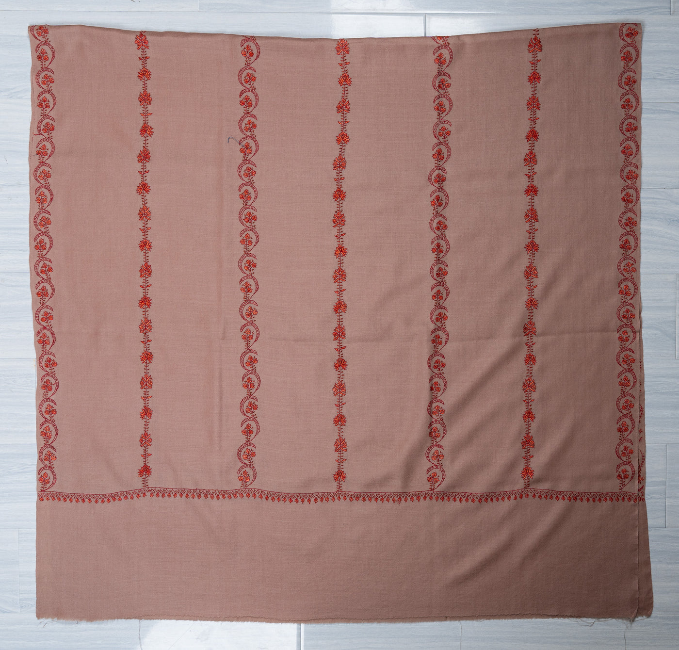 Rosy Drift Sozni Hand Embroidered Merino Wool Shawl