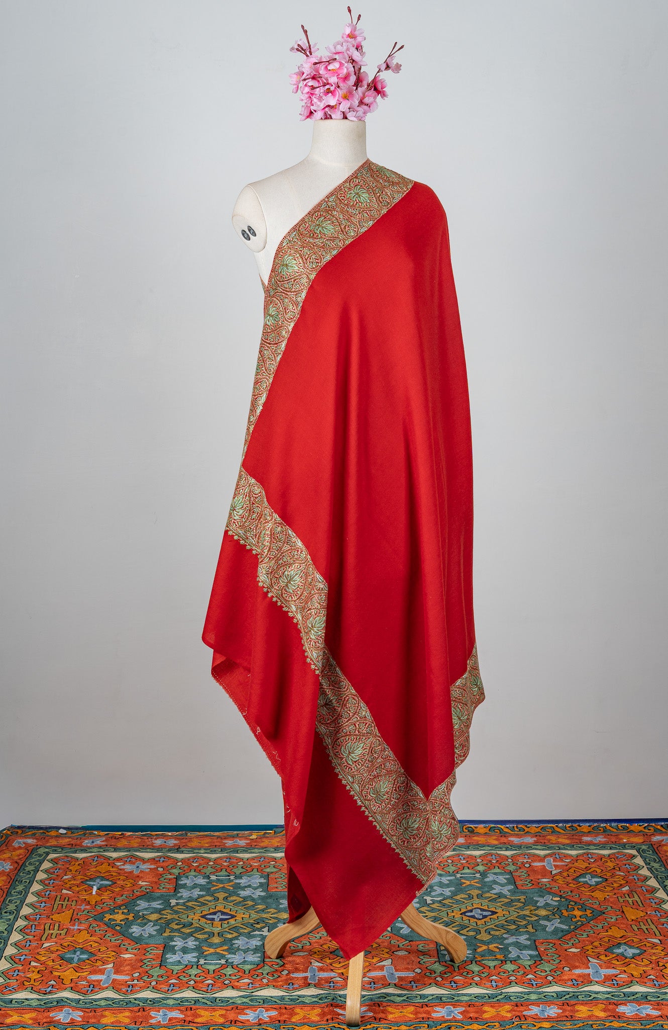 Crimson Aura Merino Wool Shawl with Sozni Hand Embroidered Border