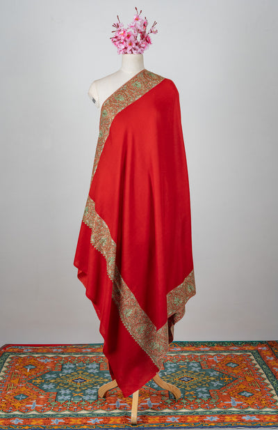 Crimson Aura Merino Wool Shawl with Sozni Hand Embroidered Border