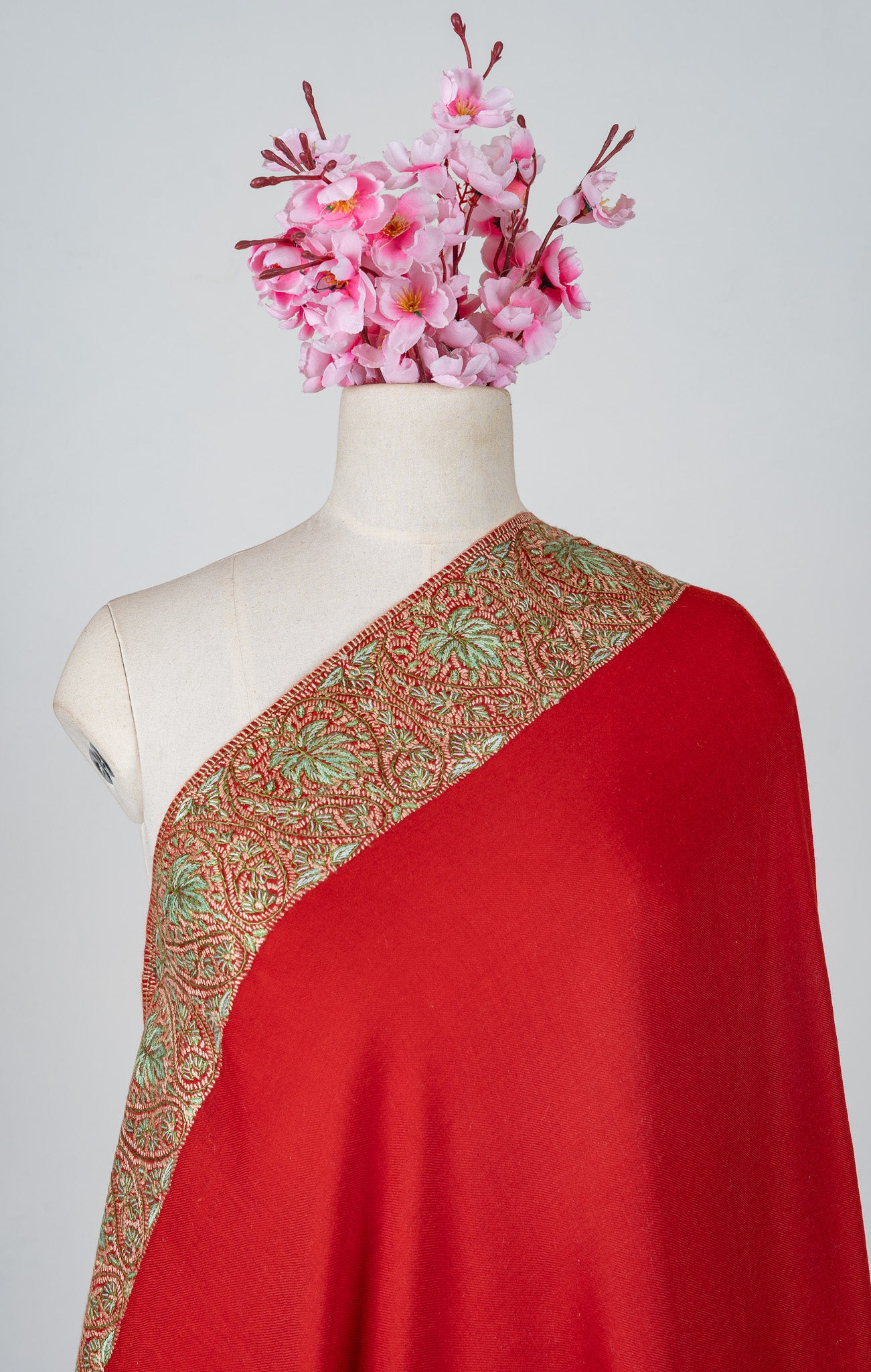 Crimson Aura Merino Wool Shawl with Sozni Hand Embroidered Border