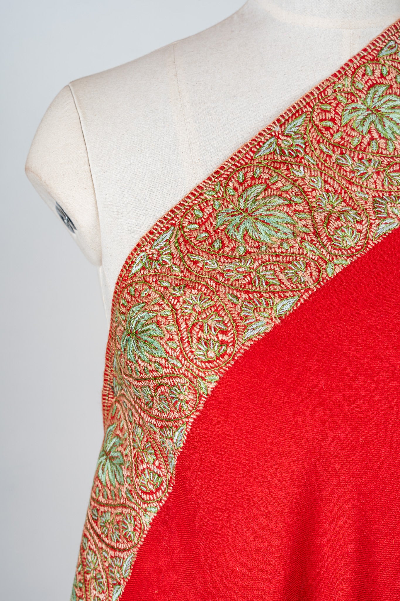 Crimson Aura Merino Wool Shawl with Sozni Hand Embroidered Border