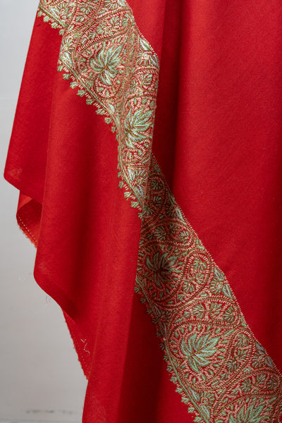 Crimson Aura Merino Wool Shawl with Sozni Hand Embroidered Border