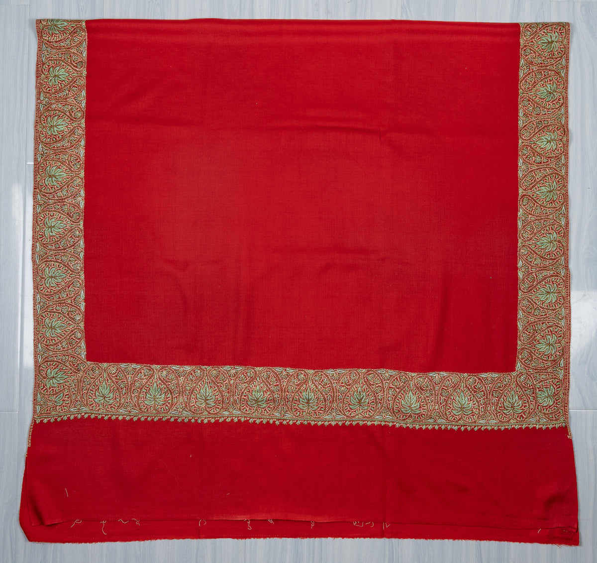 Crimson Aura Merino Wool Shawl with Sozni Hand Embroidered Border