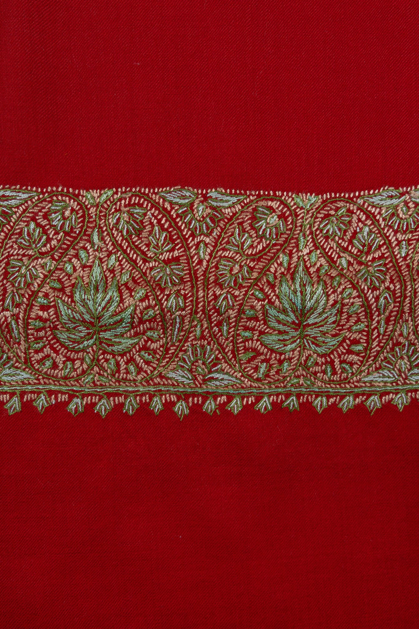 Crimson Aura Merino Wool Shawl with Sozni Hand Embroidered Border