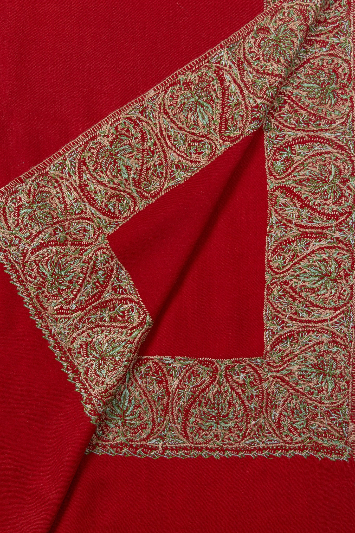 Crimson Aura Merino Wool Shawl with Sozni Hand Embroidered Border