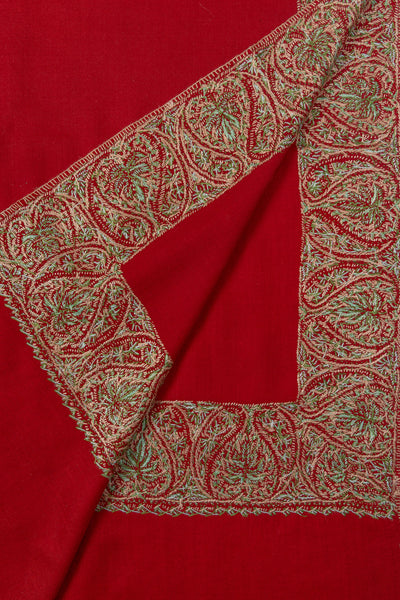 Crimson Aura Merino Wool Shawl with Sozni Hand Embroidered Border