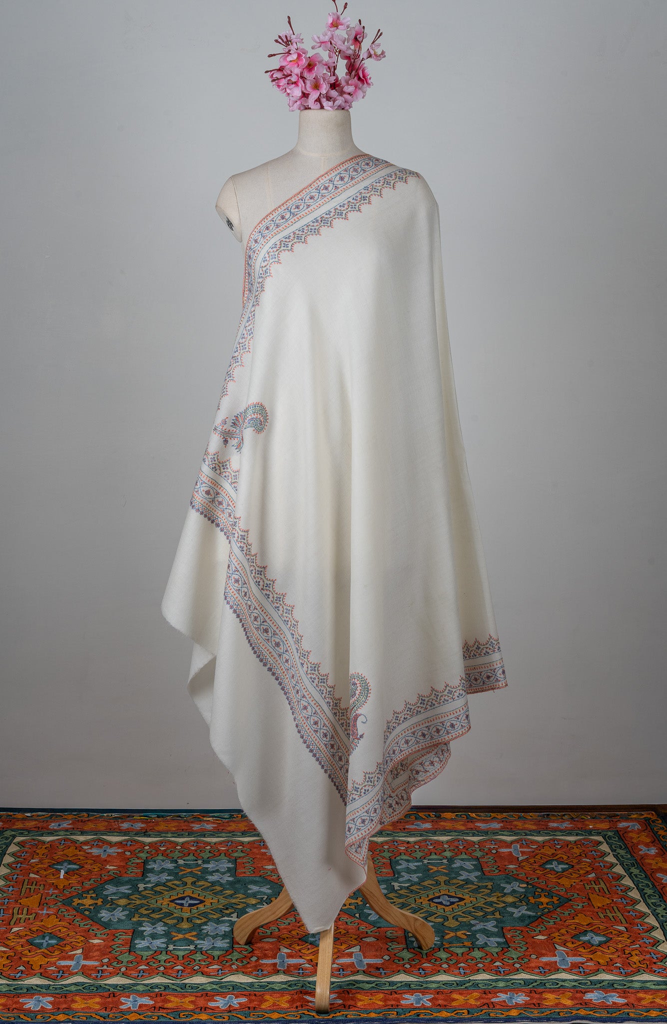 Snowcrest Elegance Sozni Hand Embroidered Merino Wool Shawl