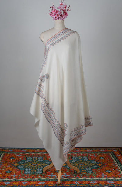 Snowcrest Elegance Sozni Hand Embroidered Merino Wool Shawl