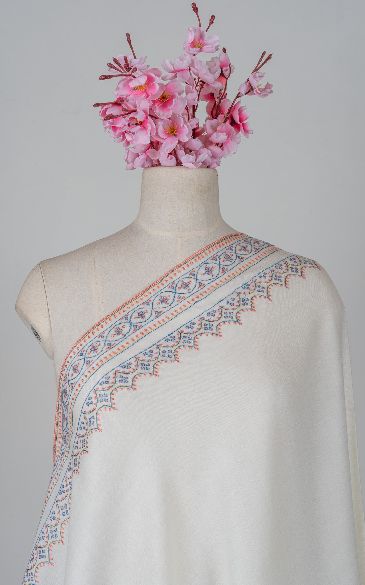 Snowcrest Elegance Sozni Hand Embroidered Merino Wool Shawl