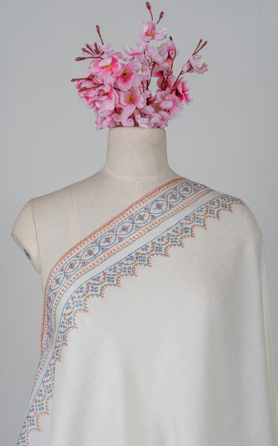 Snowcrest Elegance Sozni Hand Embroidered Merino Wool Shawl