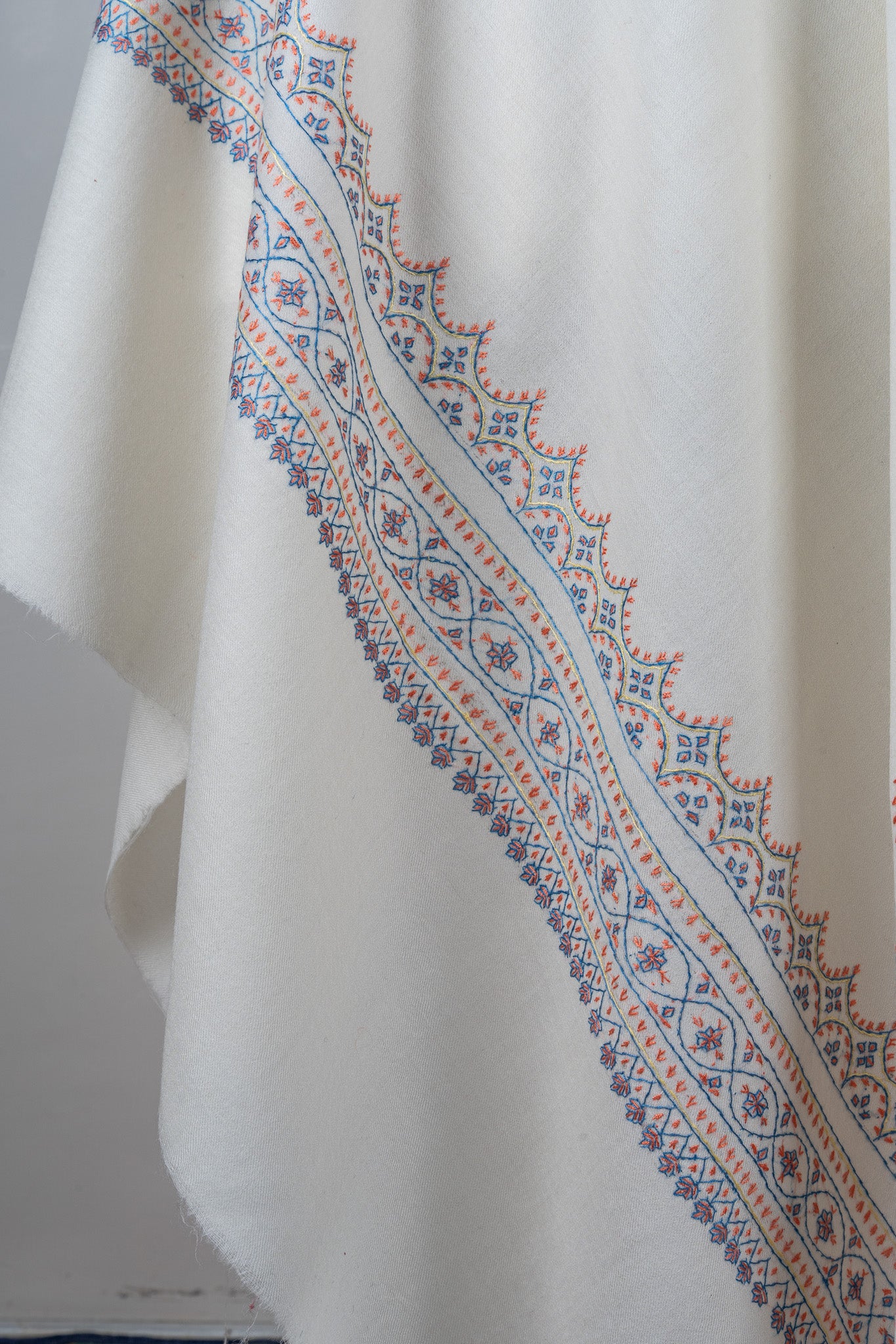 Snowcrest Elegance Sozni Hand Embroidered Merino Wool Shawl