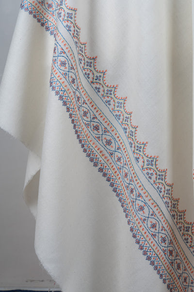 Snowcrest Elegance Sozni Hand Embroidered Merino Wool Shawl