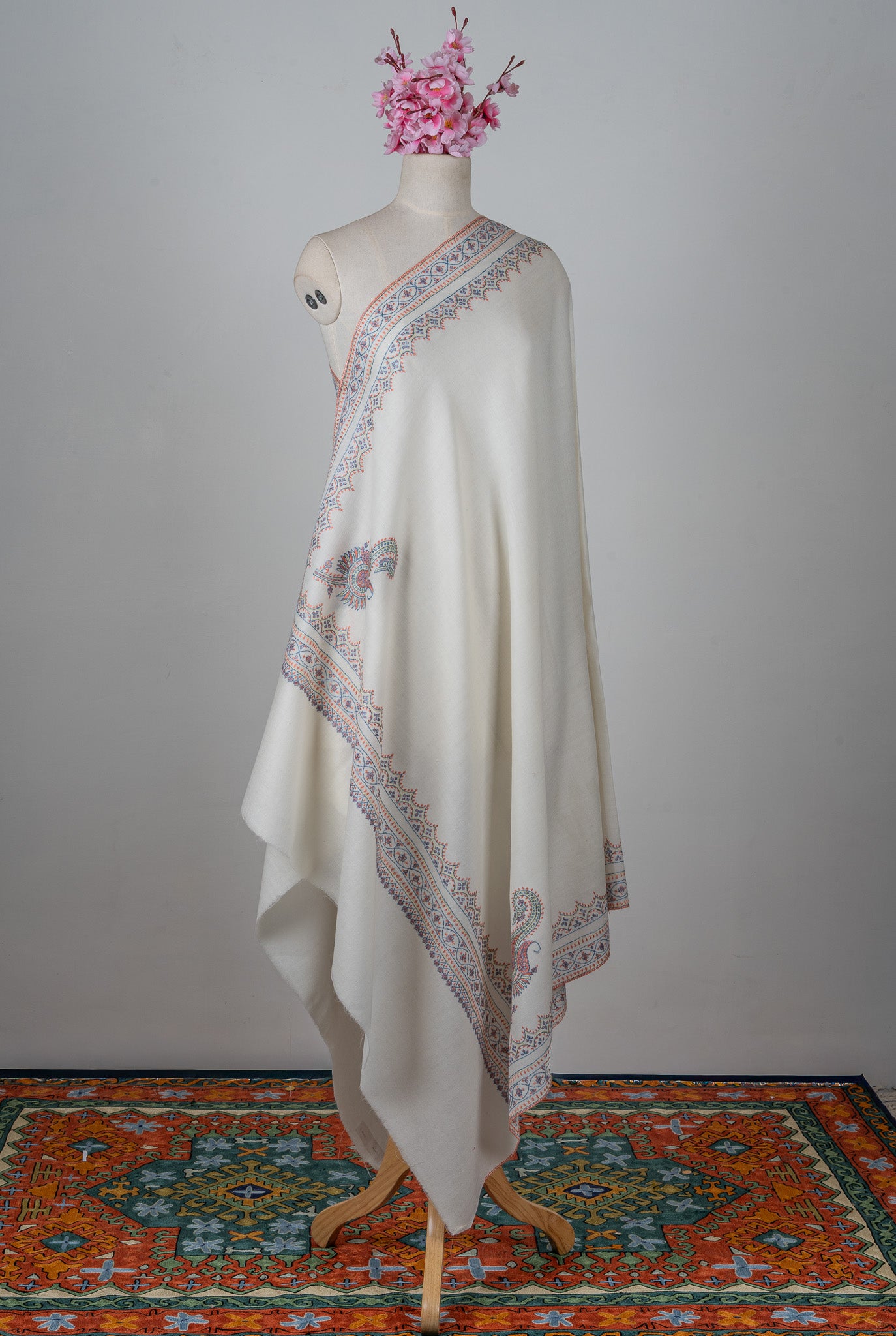 Snowcrest Elegance Sozni Hand Embroidered Merino Wool Shawl