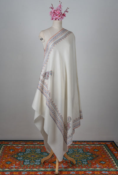 Snowcrest Elegance Sozni Hand Embroidered Merino Wool Shawl
