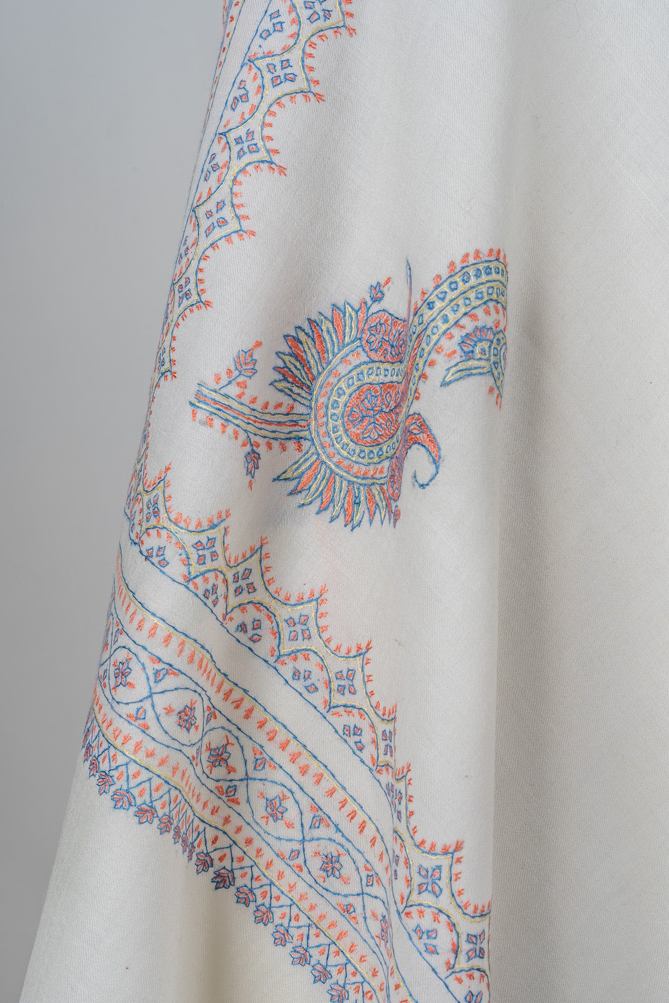 Snowcrest Elegance Sozni Hand Embroidered Merino Wool Shawl