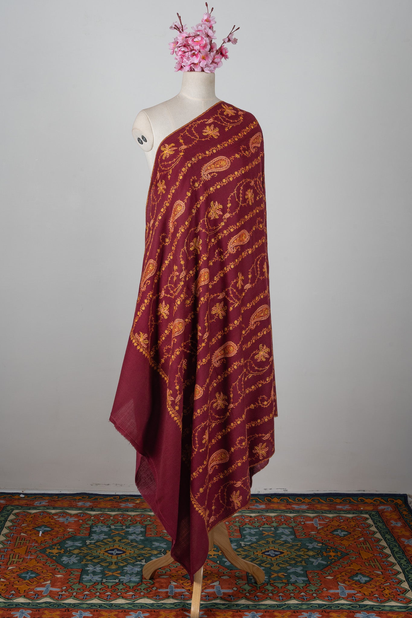 Maroon Harvest Sozni Hand Embroidered Merino Wool Shawl