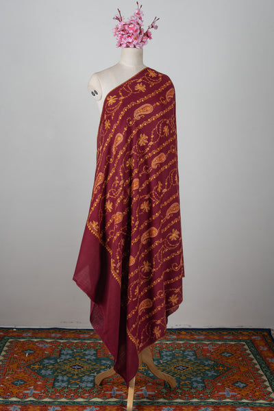 Maroon Harvest Sozni Hand Embroidered Merino Wool Shawl