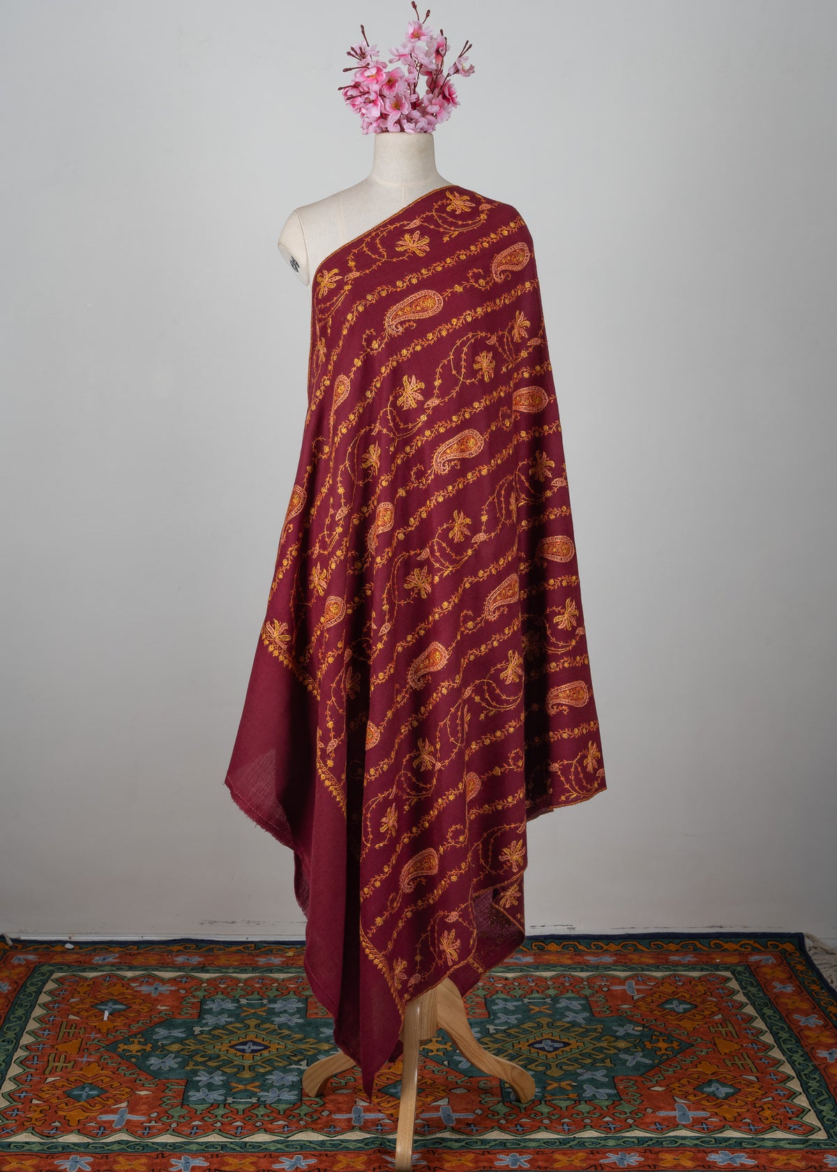 Maroon Harvest Sozni Hand Embroidered Merino Wool Shawl
