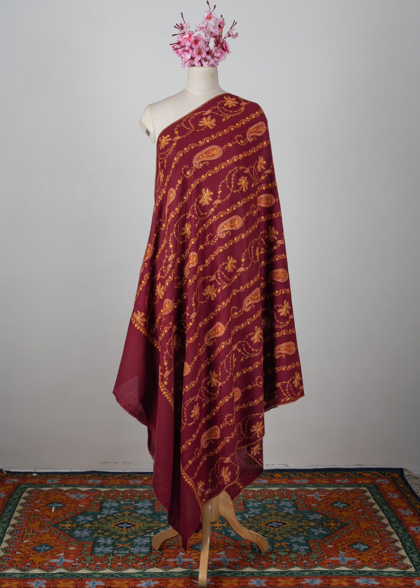 Maroon Harvest Sozni Hand Embroidered Merino Wool Shawl