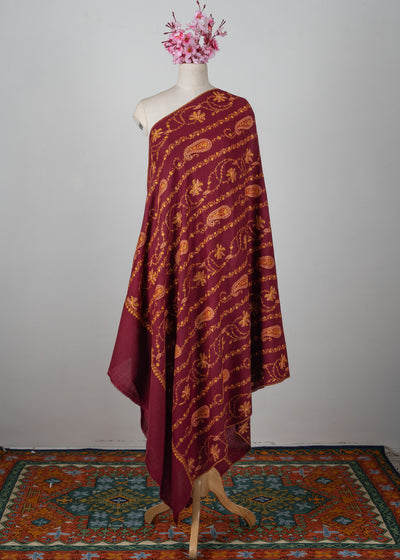 Maroon Harvest Sozni Hand Embroidered Merino Wool Shawl