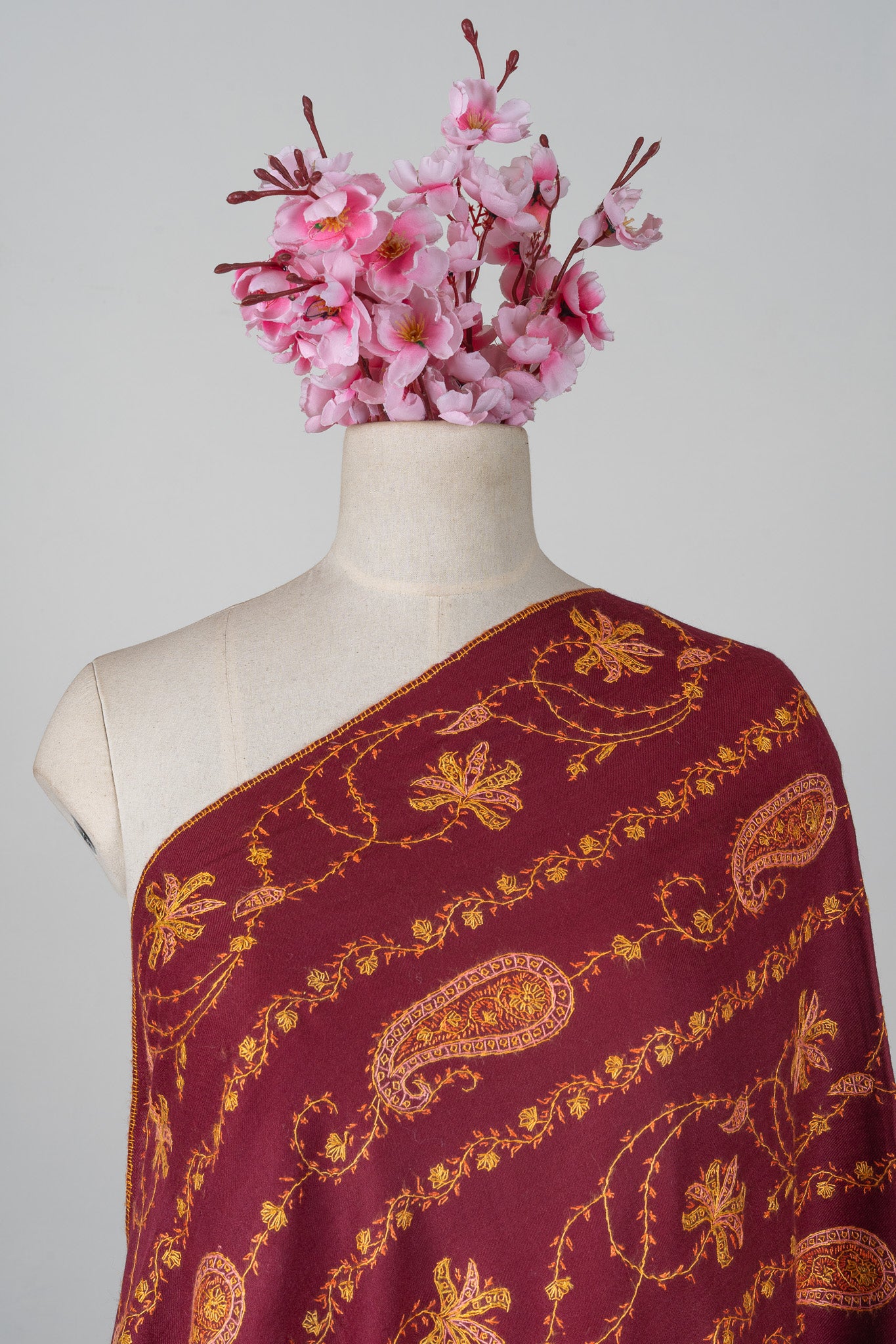 Maroon Harvest Sozni Hand Embroidered Merino Wool Shawl