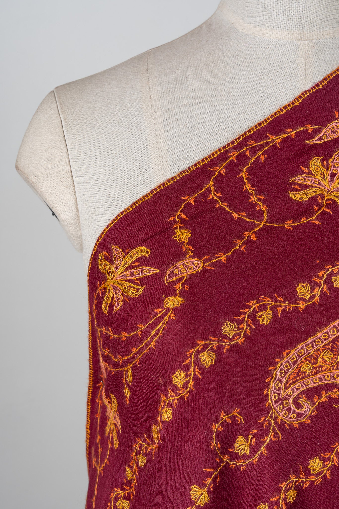 Maroon Harvest Sozni Hand Embroidered Merino Wool Shawl