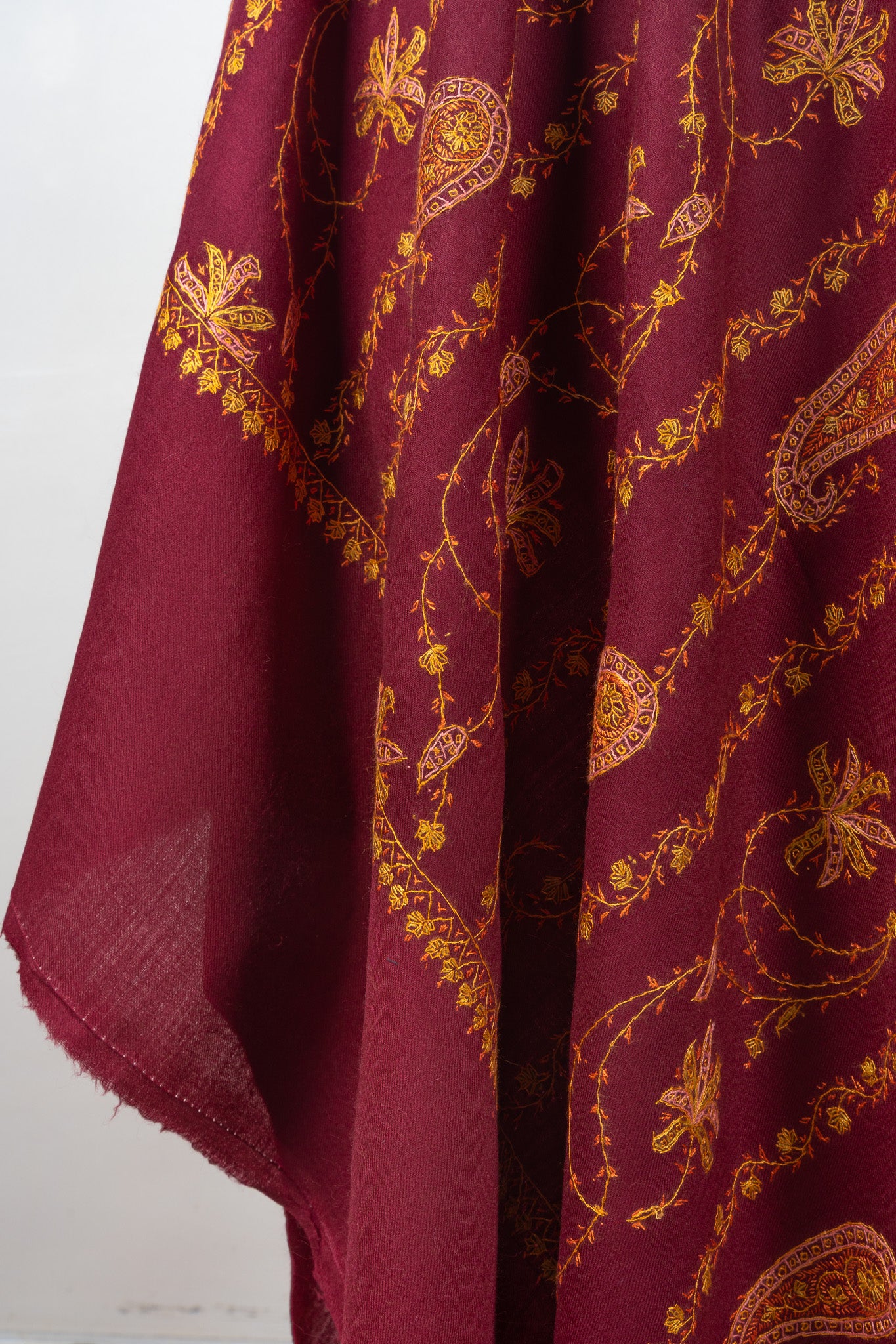 Maroon Harvest Sozni Hand Embroidered Merino Wool Shawl
