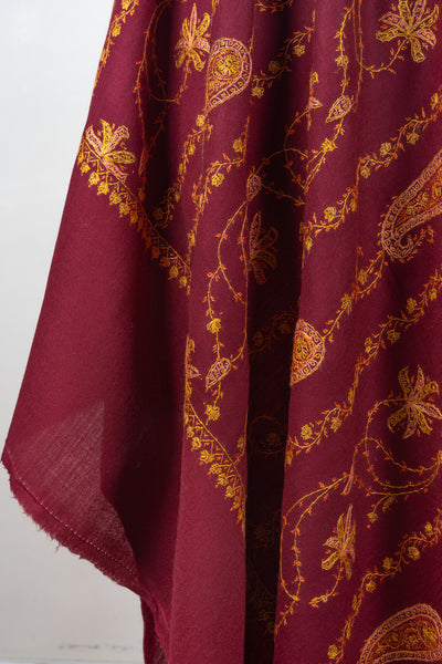 Maroon Harvest Sozni Hand Embroidered Merino Wool Shawl