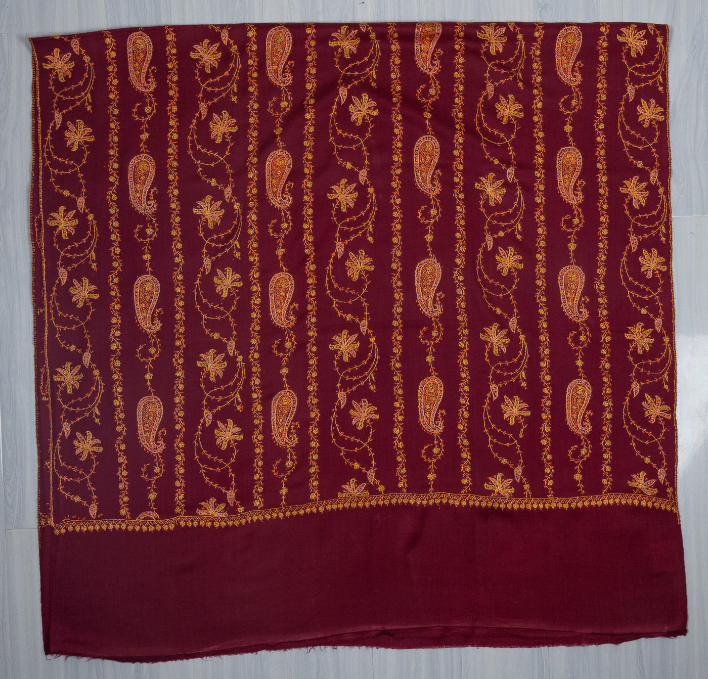 Maroon Harvest Sozni Hand Embroidered Merino Wool Shawl