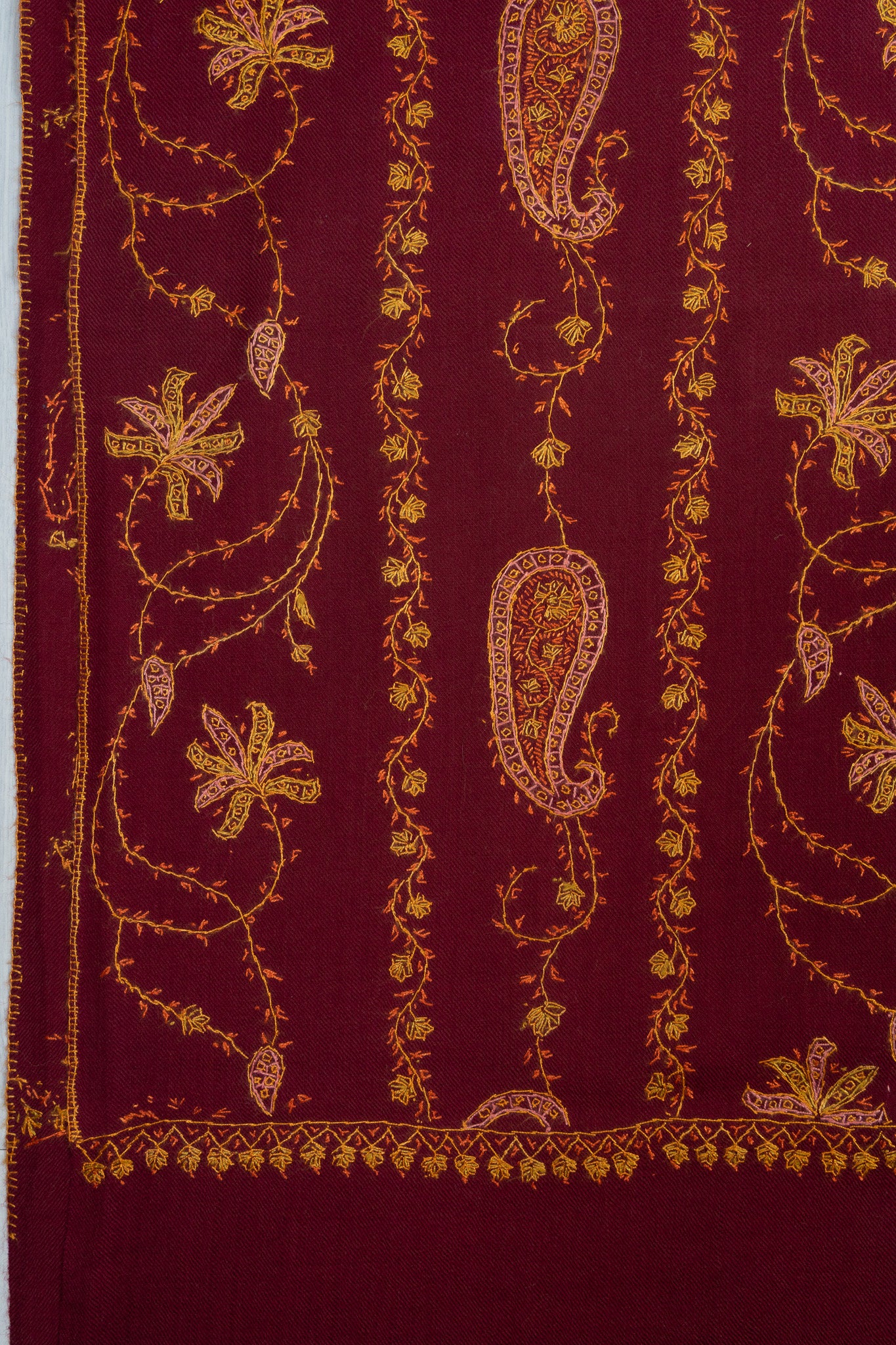 Maroon Harvest Sozni Hand Embroidered Merino Wool Shawl