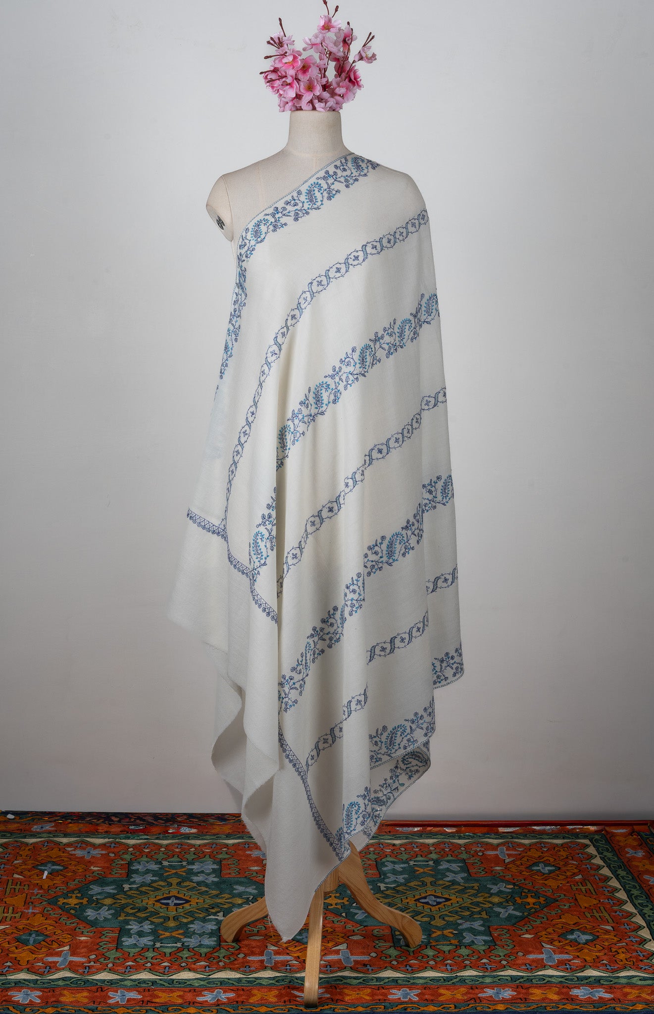 Frosted Blue Vine Sozni Hand Embroidered Merino Wool Shawl