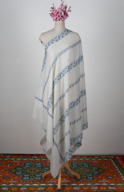 Frosted Blue Vine Sozni Hand Embroidered Merino Wool Shawl