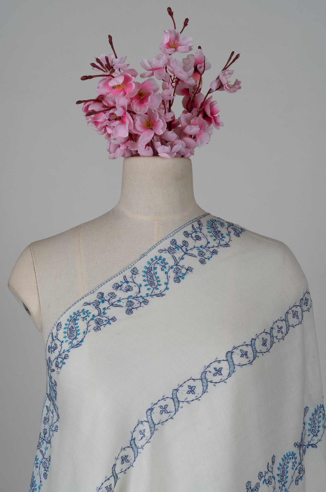 Frosted Blue Vine Sozni Hand Embroidered Merino Wool Shawl