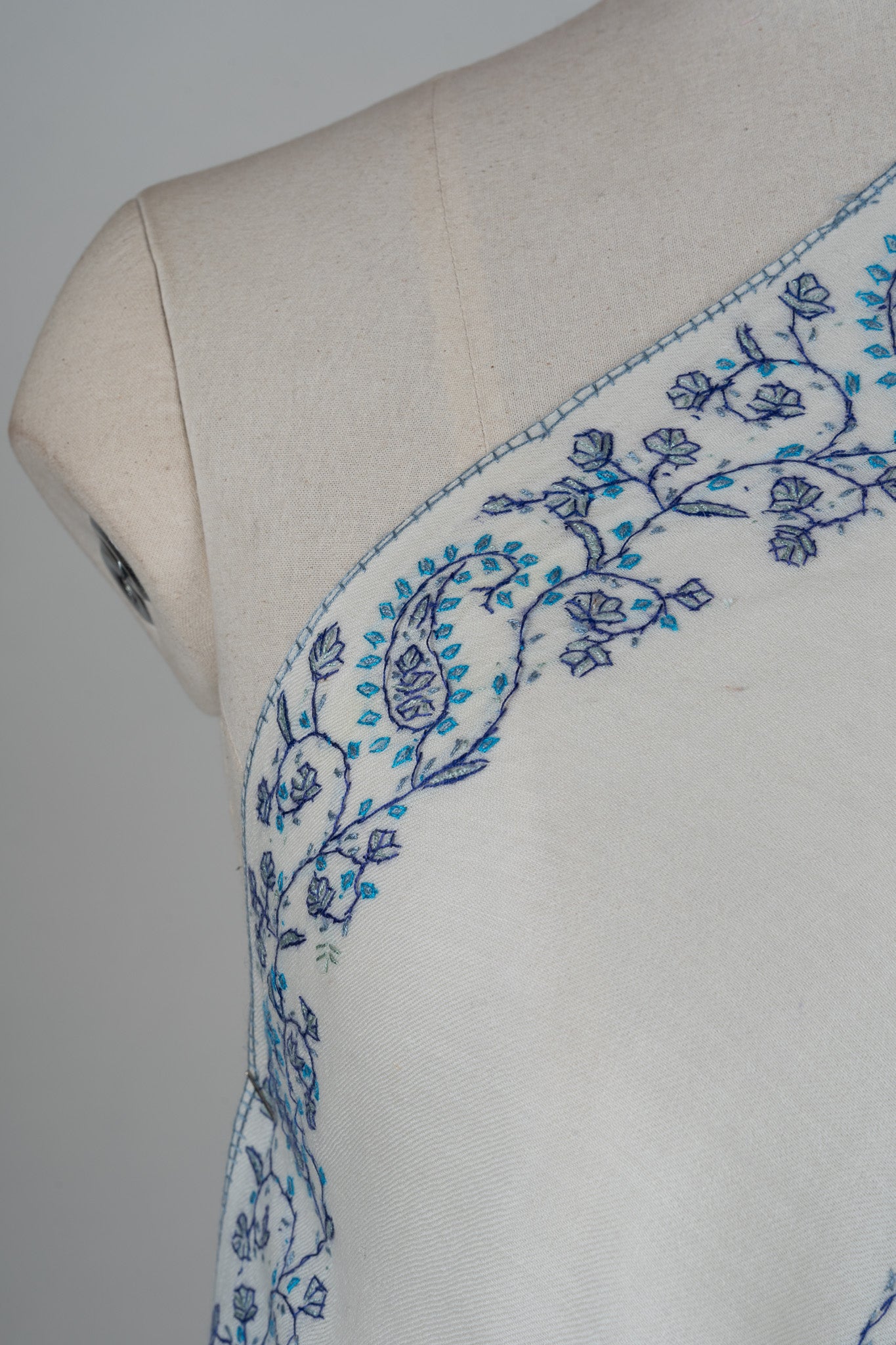Frosted Blue Vine Sozni Hand Embroidered Merino Wool Shawl