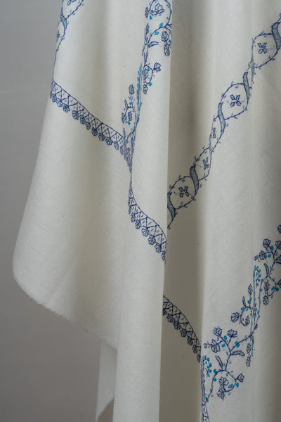 Frosted Blue Vine Sozni Hand Embroidered Merino Wool Shawl