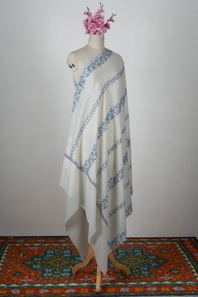 Frosted Blue Vine Sozni Hand Embroidered Merino Wool Shawl
