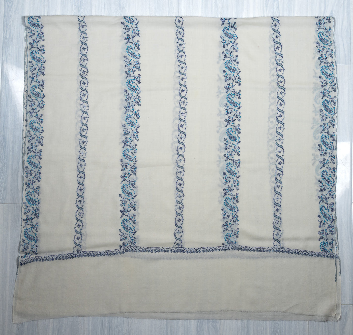 Frosted Blue Vine Sozni Hand Embroidered Merino Wool Shawl