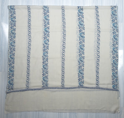 Frosted Blue Vine Sozni Hand Embroidered Merino Wool Shawl