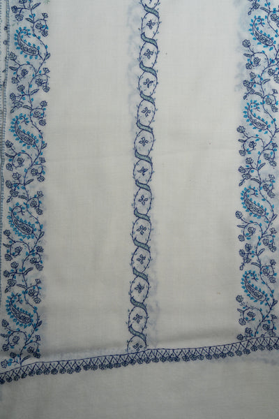 Frosted Blue Vine Sozni Hand Embroidered Merino Wool Shawl