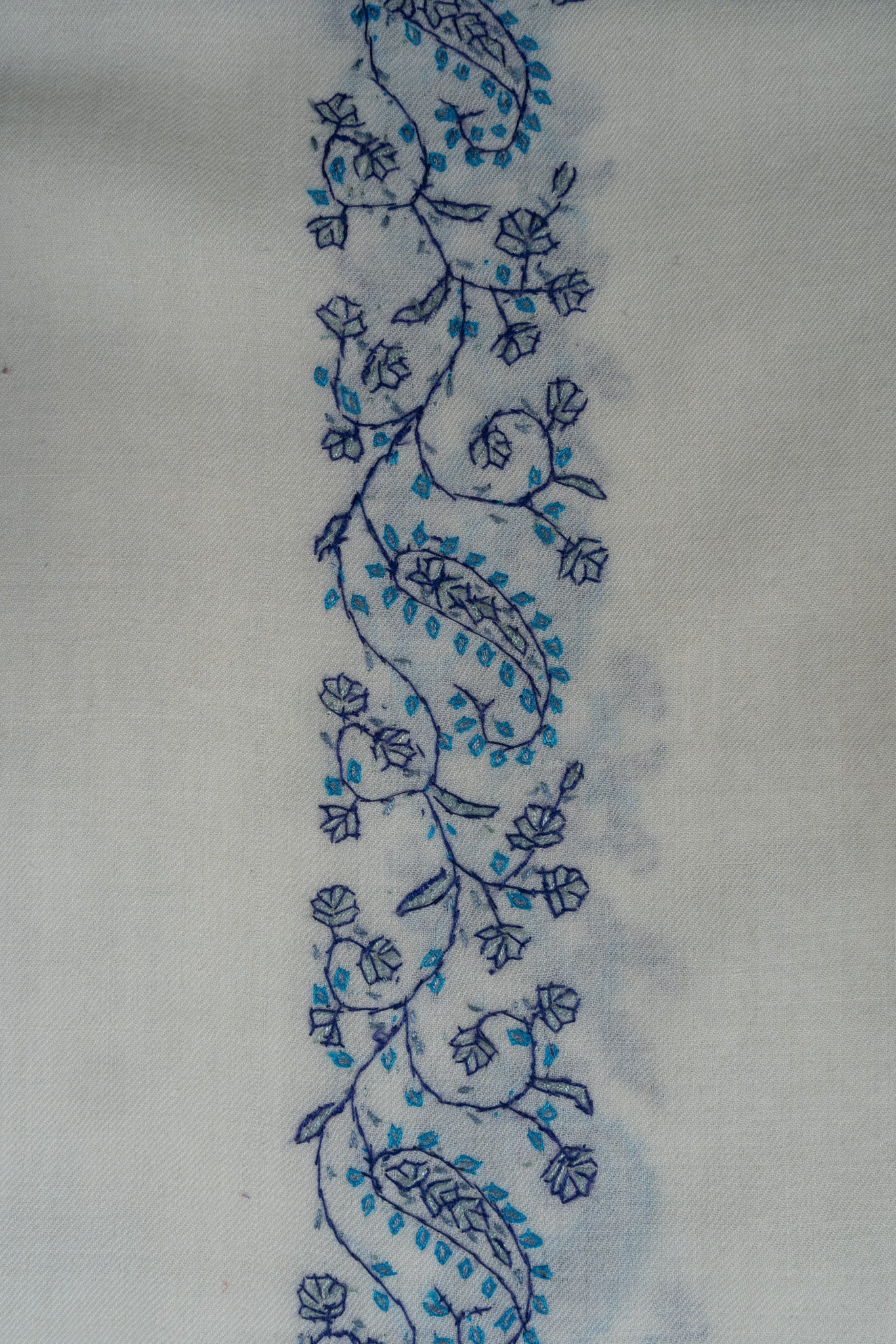Frosted Blue Vine Sozni Hand Embroidered Merino Wool Shawl