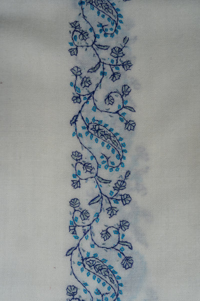 Frosted Blue Vine Sozni Hand Embroidered Merino Wool Shawl