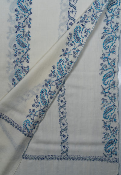 Frosted Blue Vine Sozni Hand Embroidered Merino Wool Shawl
