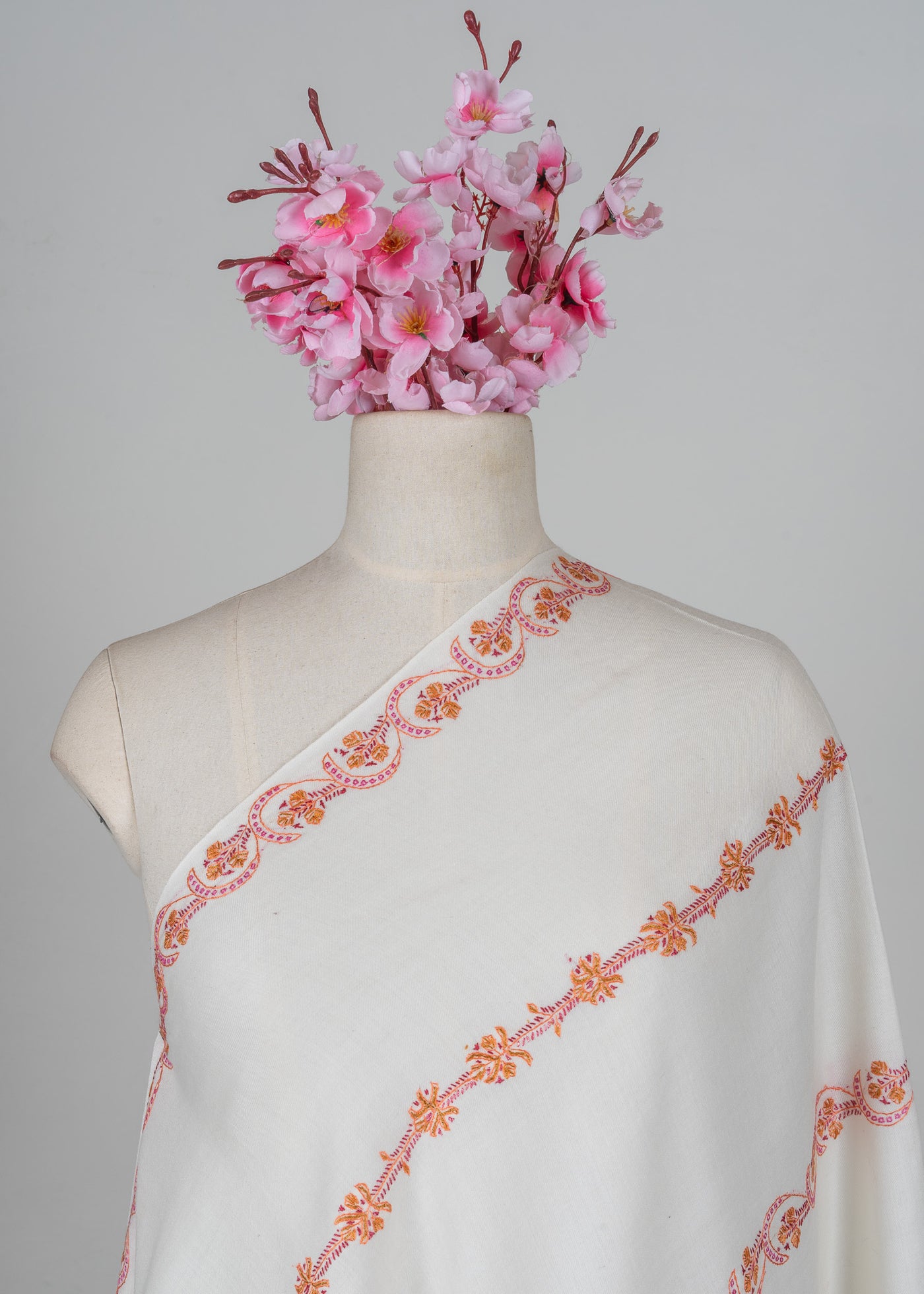 Coral Veil Sozni Hand Embroidered Merino Wool Shawl