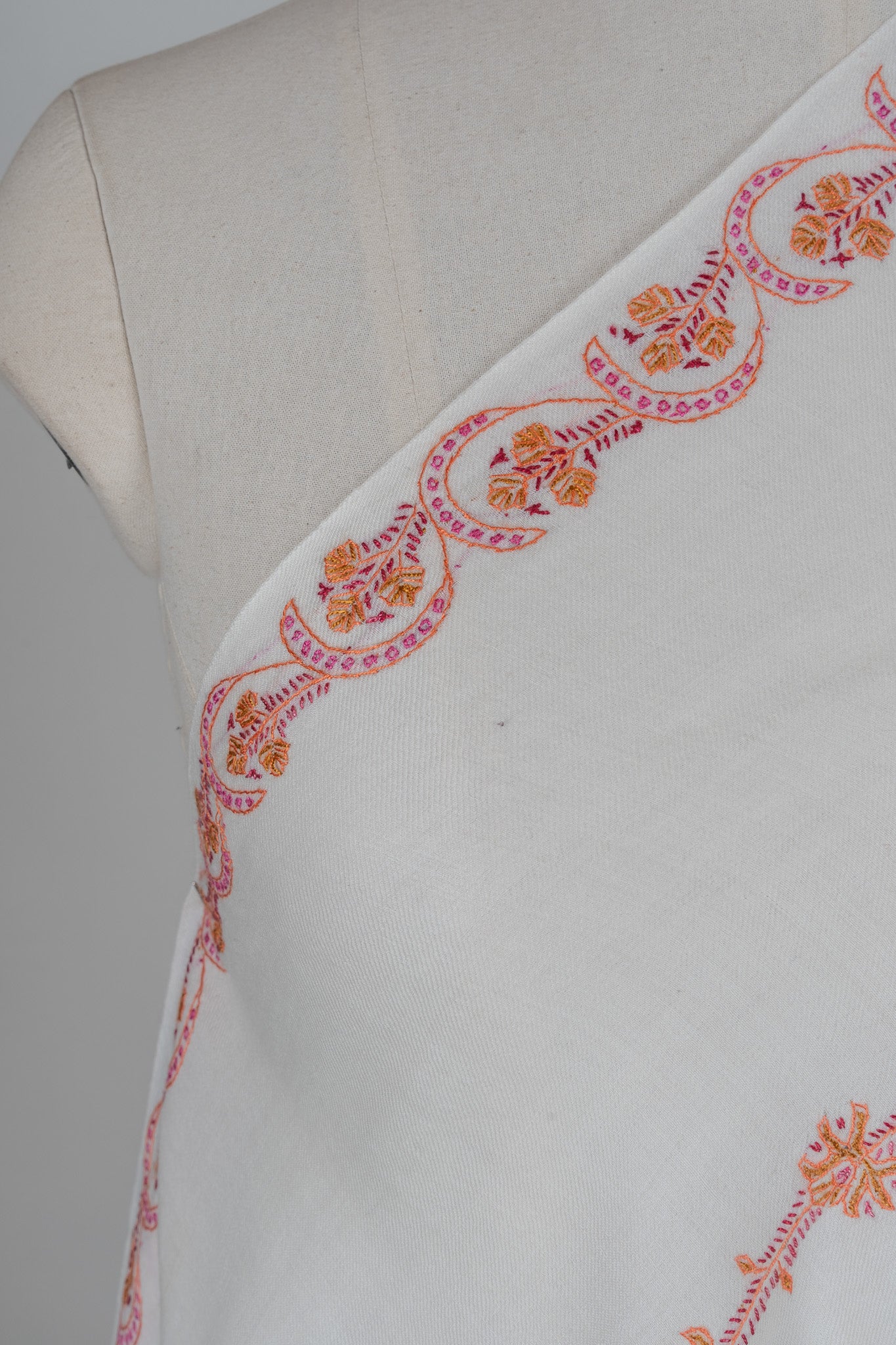 Coral Veil Sozni Hand Embroidered Merino Wool Shawl