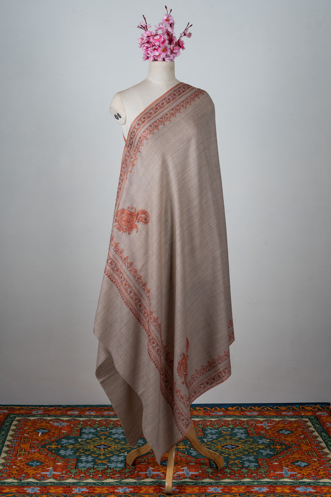 Sandstone Bloom Merino Wool Shawl with Sozni Hand Embroidered Borders